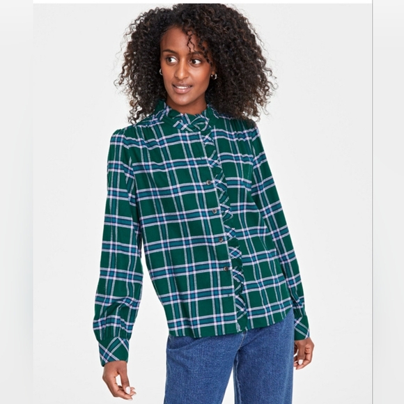 WOMEN'S PLAID RUFFLE NECK FLANNEL TOP SIZE MEDIUM NWT - Picture 1 of 4